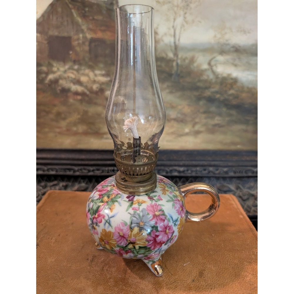 Vintage Floral Porcelain Miniature Oil Lamp 7.5" Finger Handle Footed Kerosene